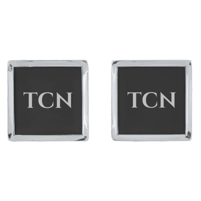 Monogram Black Silver Groomsmen Gift Wedding Cufflinks (Front)
