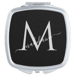 Monogram Black Silver  Modern Elegant  Compact Mirror