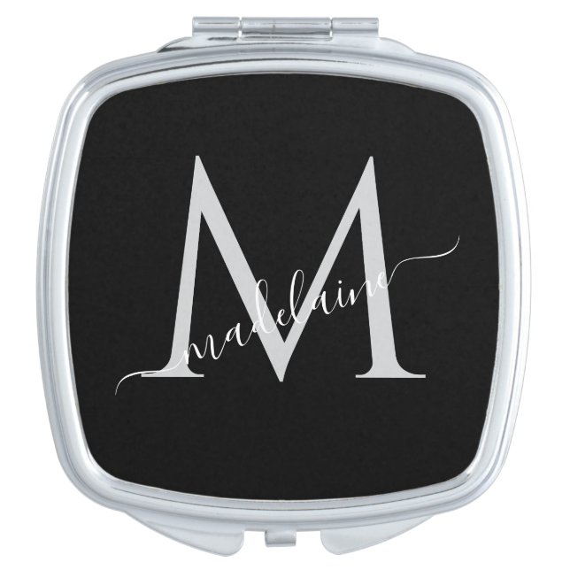 Monogram Black Silver  Modern Elegant  Compact Mirror (Front)