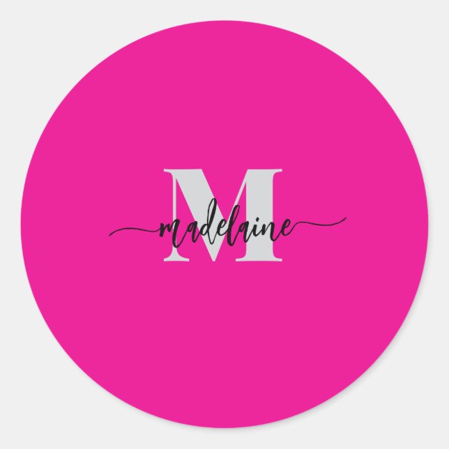 Monogram Black Silver Pink Personal Classic Round Sticker (Front)
