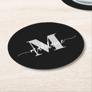 Monogram Black Silver White Personal Round Paper Coaster