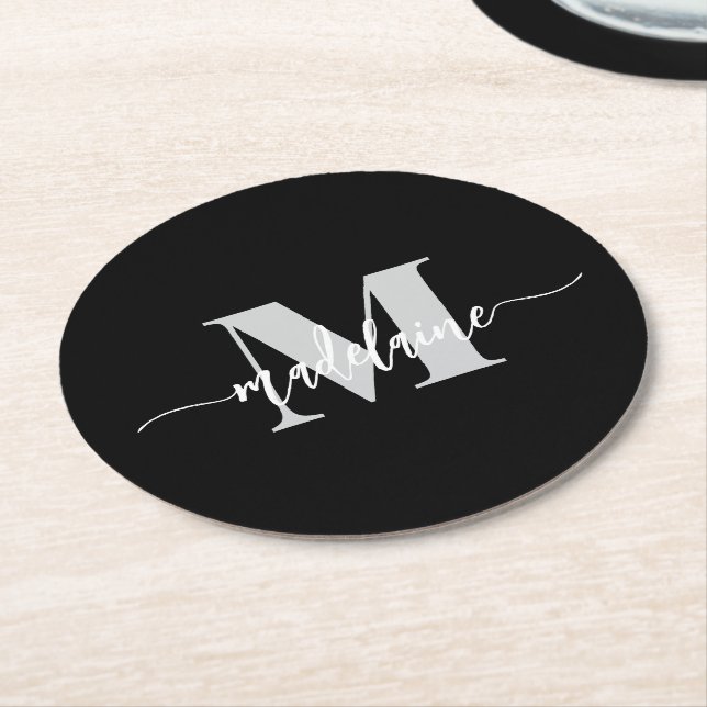 Monogram Black Silver White Personal Round Paper Coaster (Angled)
