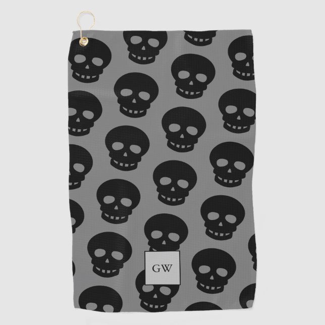 Monogram Black Skull Gray Goth Pattern Novelty Golf Towel (Front)