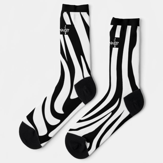 Monogram Black Striped Zebra Pattern Trendy Socks (Left)
