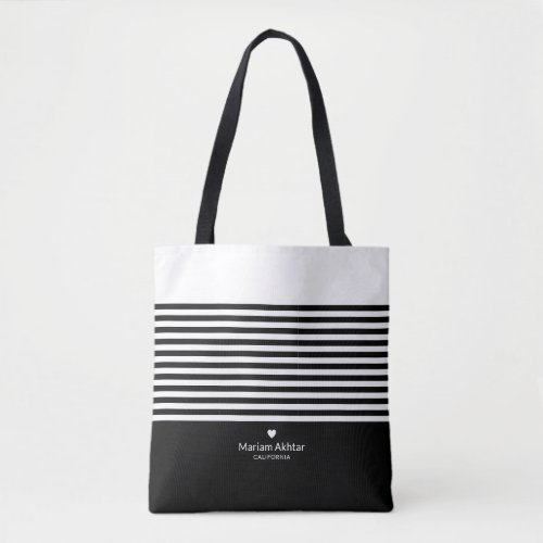 Monogram Black Stripes Trendy Chic Script Modern Tote Bag