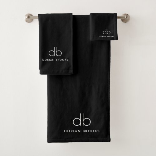 Monogram Black Stylish Modern Minimalist Bar  Bath Towel Set