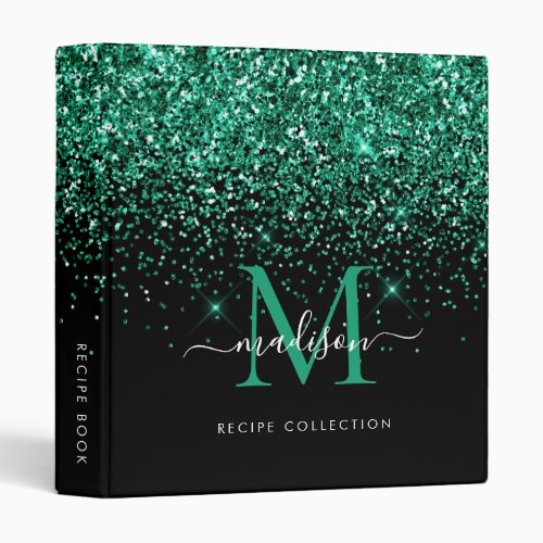 Monogram Black Teal Green Glitter Sparkle Recipe 3 Ring Binder