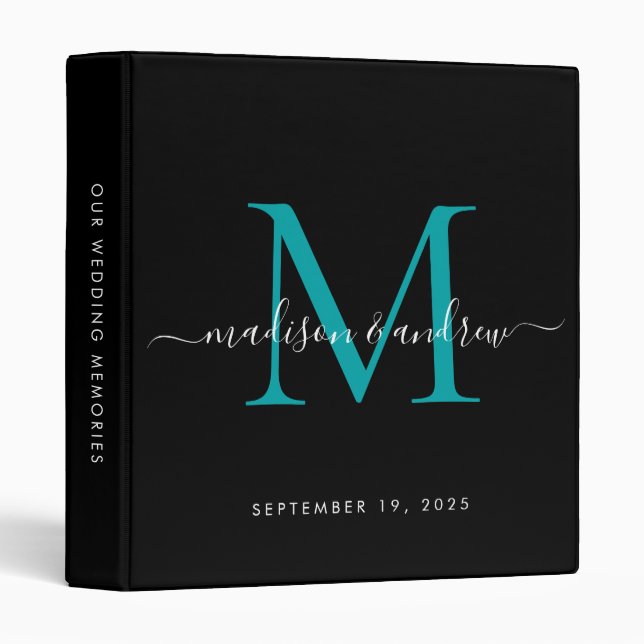 Monogram Black Teal Green Script Wedding Album 3 Ring Binder (Front/Spine)