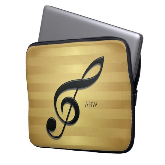 Monogram Black Treble Clef on Golden Stripes Laptop Sleeve