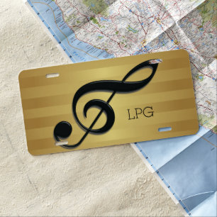 Monogram Black Treble Clef on Golden Stripes License Plate