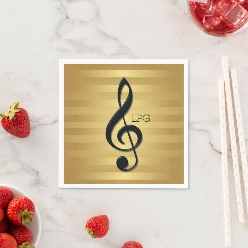 Monogram Black Treble Clef on Golden Stripes Paper Napkins