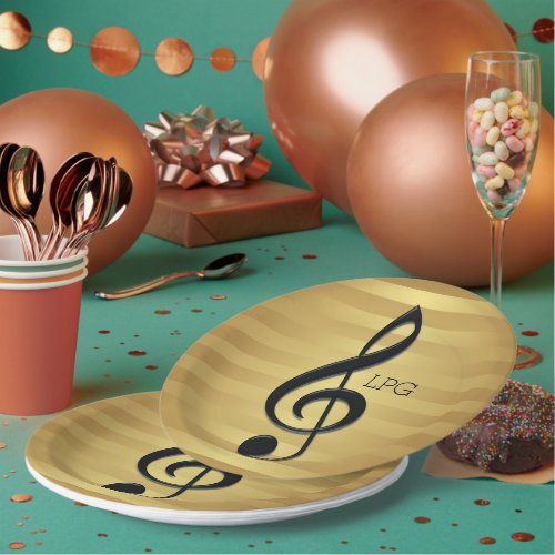 Monogram Black Treble Clef on Golden Stripes Paper Plates