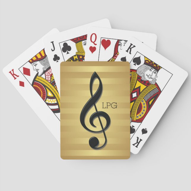 Monogram Black Treble Clef on Golden Stripes Poker Cards (Back)