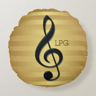 Monogram Black Treble Clef on Golden Stripes Round Pillow