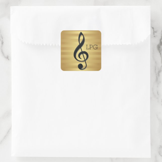 Monogram Black Treble Clef on Golden Stripes Square Sticker (Bag)