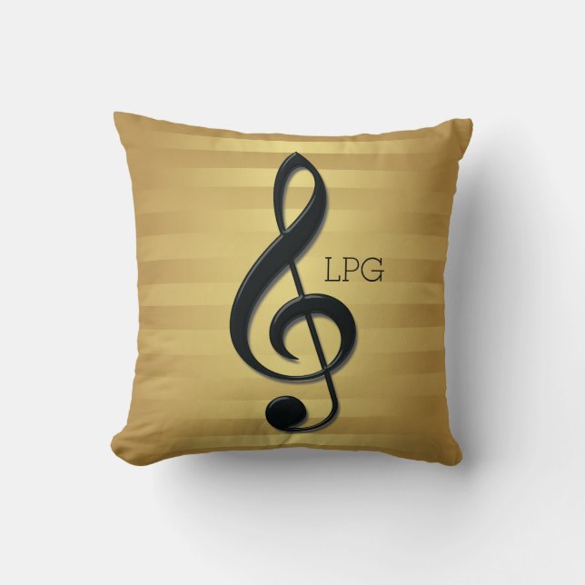 Monogram Black Treble Clef on Golden Stripes Throw Pillow (Front)