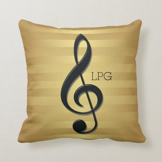 Monogram Black Treble Clef on Golden Stripes Throw Pillow