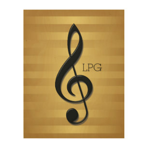 Monogram Black Treble Clef on Golden Stripes Wood Wall Art
