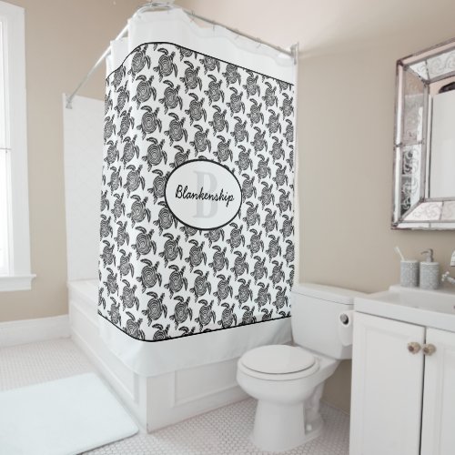 Monogram Black Tribal Turtle Pattern Over White Shower Curtain