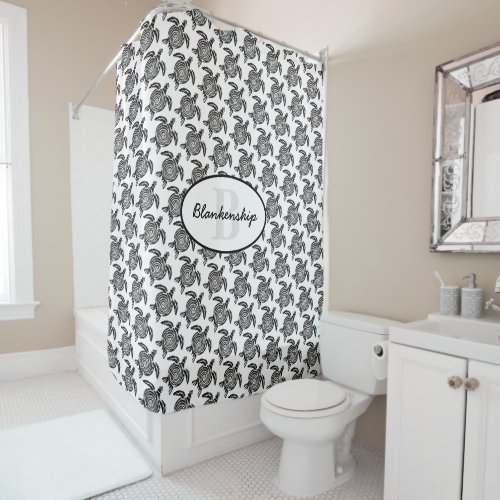 Monogram Black Tribal Turtle Pattern Over White Shower Curtain