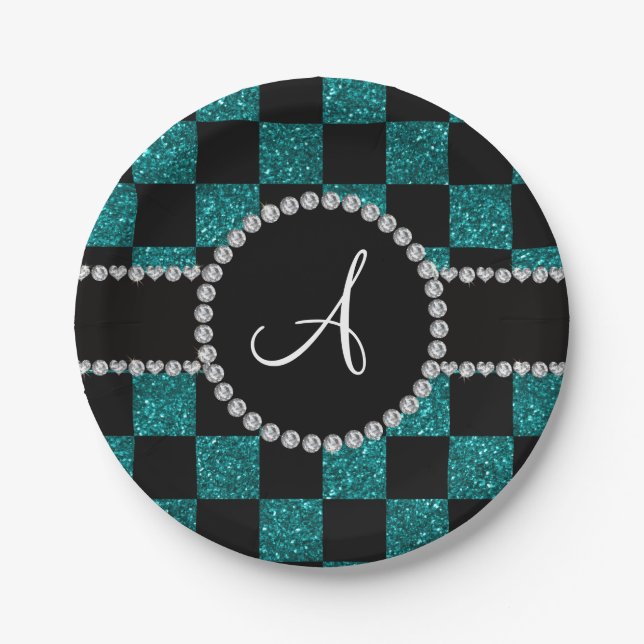 Monogram black turquoise glitter checkers paper plates (Front)