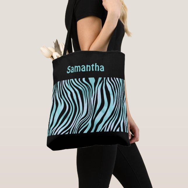 Monogram Black Turquoise Teal Zebra Print Tote Bag (Close Up)