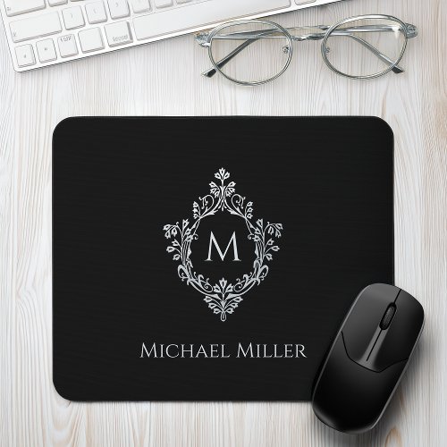 Monogram Black Vintage Crest Elegant Initial Name  Mouse Pad