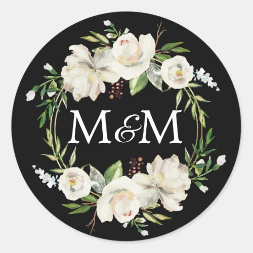 Monogram Black Watercolor White Floral Wedding Classic Round Sticker