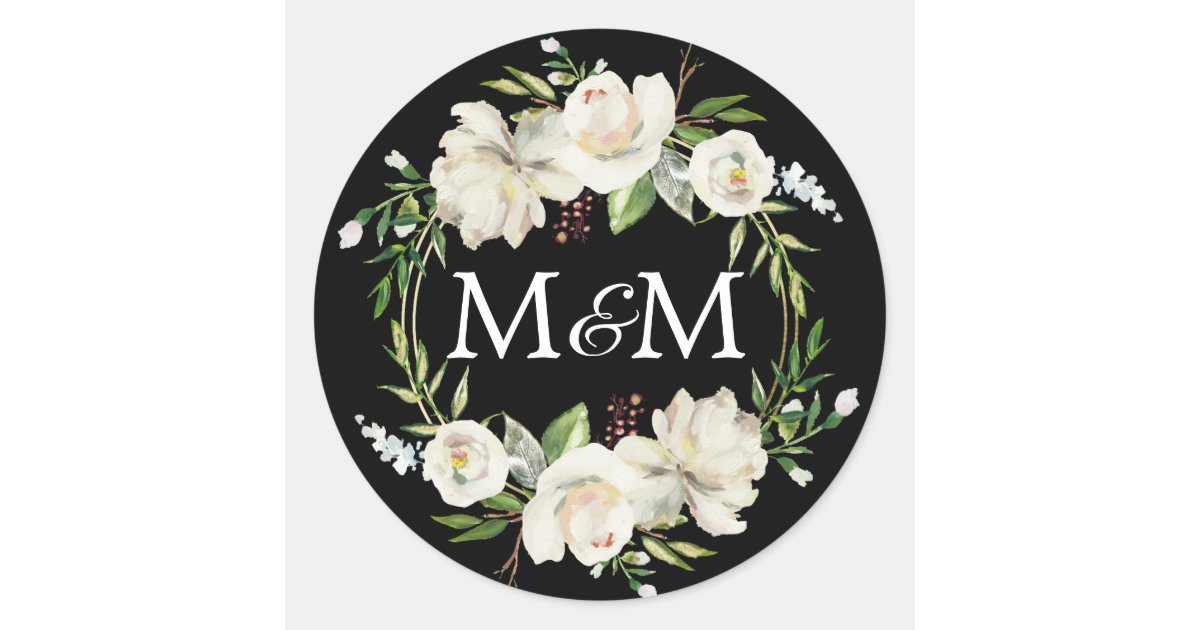 Monogram Black Watercolor White Floral Wedding Classic Round Sticker ...