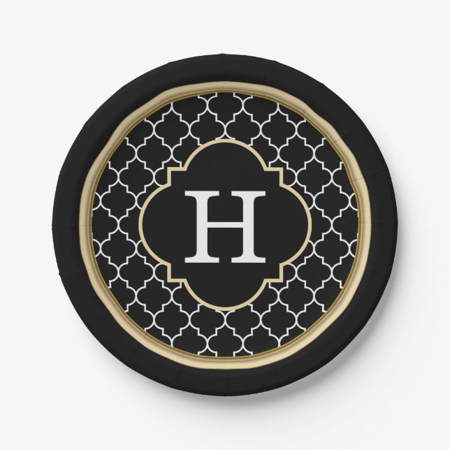 Monogram Black White and Faux Gold Quatrefoil Paper Plates (Front)