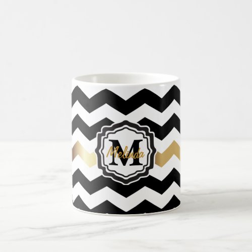 Monogram Black White and Gold Chevron Coffee Mug