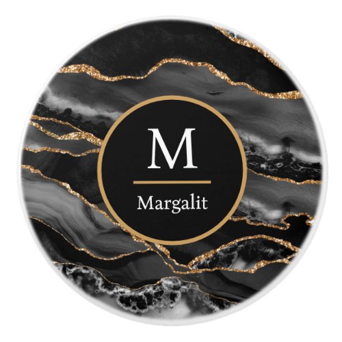 Monogram Black White and Gold Faux Marble Agate Ceramic Knob