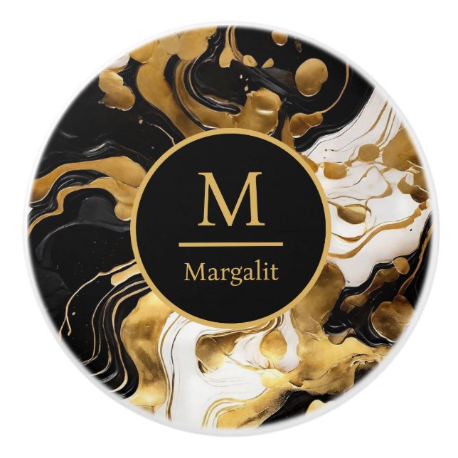 Monogram Black White and Gold Faux Marble  Ceramic Knob (Front)