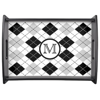 Monogram Black White and Gray Argyle Serving Tray