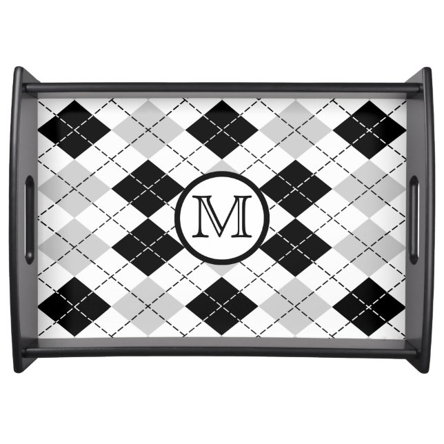 Monogram Black White and Gray Argyle Serving Tray (Front)