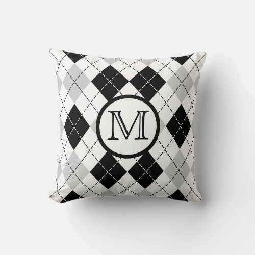 Monogram Black White and Gray Argyle Throw Pillow