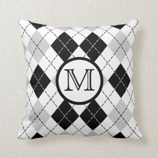 Monogram Black White and Gray Argyle Throw Pillow