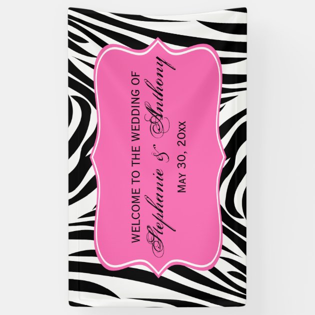 Monogram Black, White And Hot Pink Zebra Wedding Banner