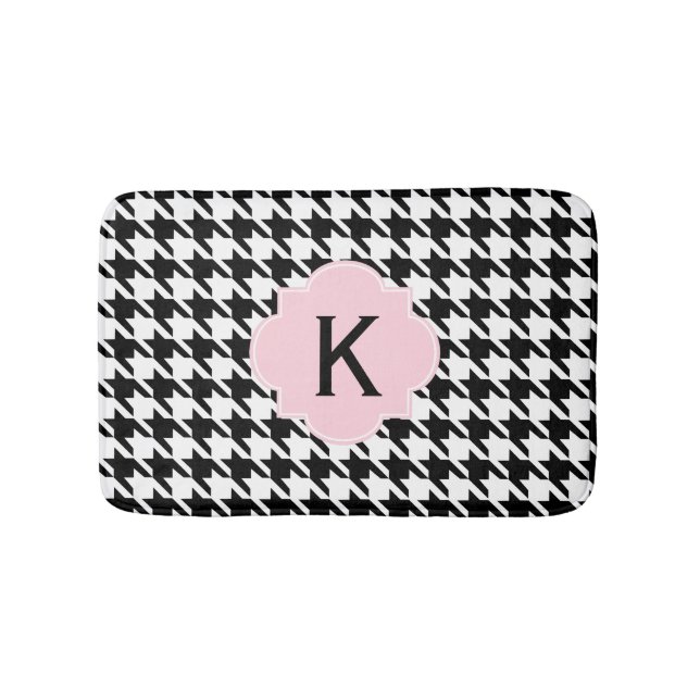 Monogram Black, White and Pastel Pink Houndstooth Bathroom Mat (Front)