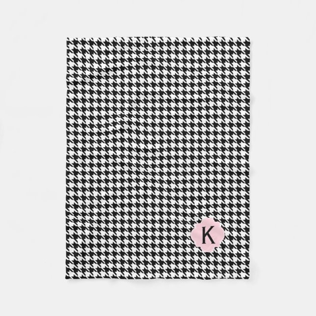 Monogram Black, White and Pastel Pink Houndstooth Fleece Blanket (Front)