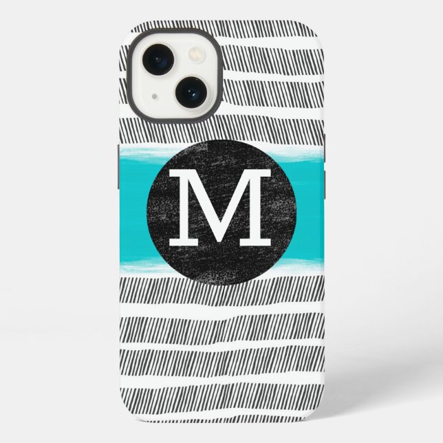 monogram black white and turquoise pattern art  iphone case (Back)