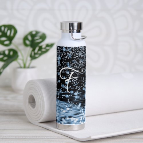 Monogram Black White Blue Elegant Water Bubbles Water Bottle
