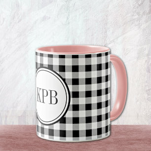 Monogram, Black & White Buffalo Check Pink Combo Mug