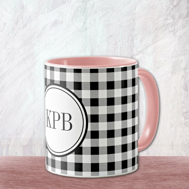 Monogram, Black & White Buffalo Check Pink Combo Mug (Creator Uploaded)