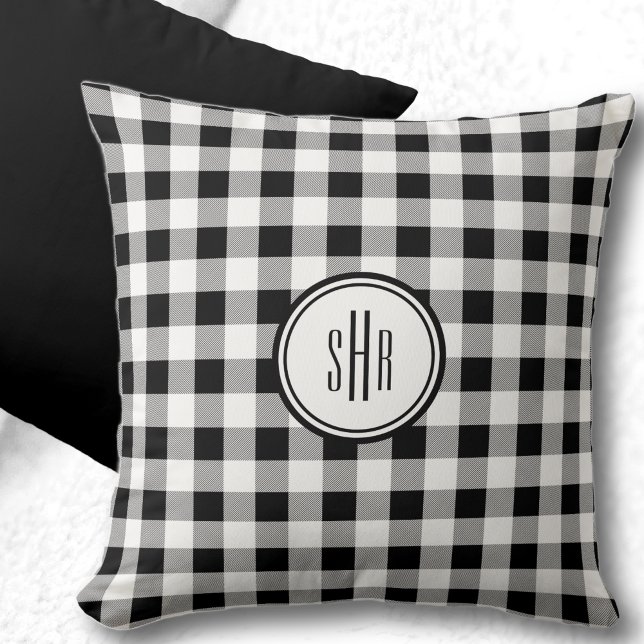 Monogram Black & White Buffalo Check Throw Pillow (Creator Uploaded)