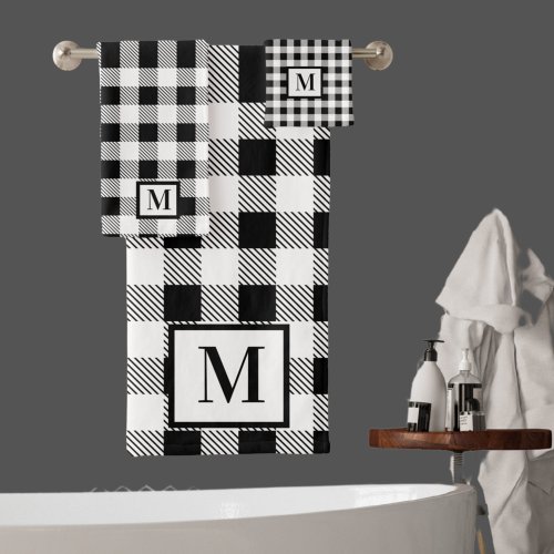 Monogram Black  White Buffalo Plaid Bath Towel Set
