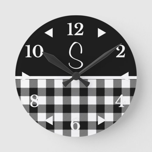 Monogram Black White Buffalo Plaid Farmhouse  Lumb Round Clock