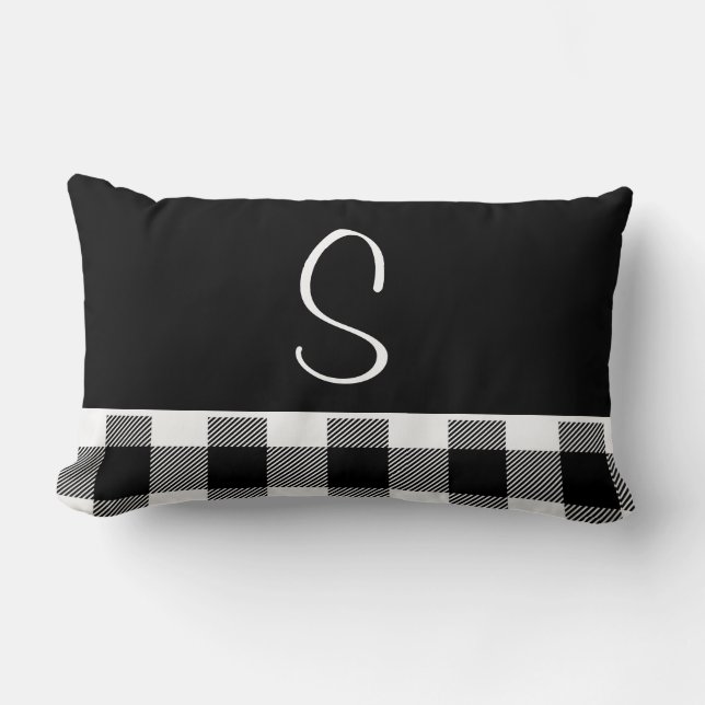 Monogram Black White Buffalo Plaid Farmhouse  Lumbar Pillow (Front)
