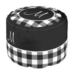 Monogram Black White Buffalo Plaid Farmhouse Pouf