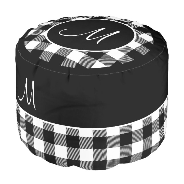 Monogram Black White Buffalo Plaid Farmhouse Pouf (Angled Front)